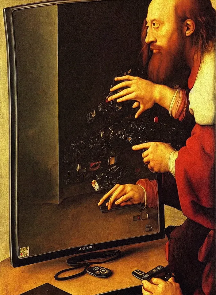 Prompt: Portrait of a man playing a video game on a CRT television. Painting by Albrecht Dürer. Intricate details. hyper realism. Masterpiece.