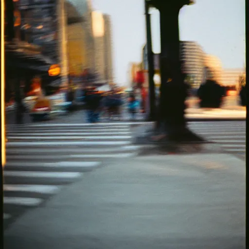 Image similar to portra 800 street photography, the subject is blurry because it's in motion, film portra photography