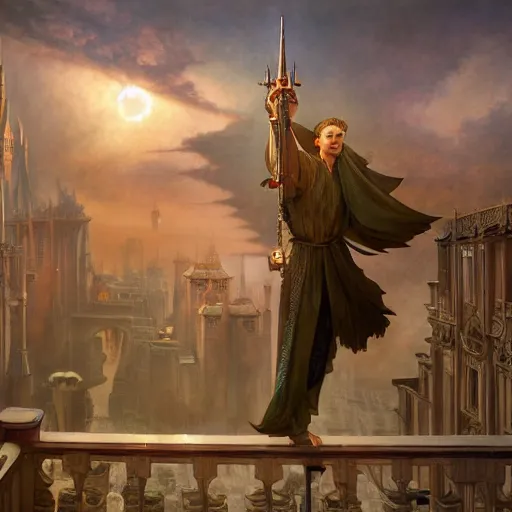 Image similar to Magic The Gathering art action shot of wizard casting spell from balcony of tower, dramatic sky, drawn by Donato Giancola and Tom Bagshaw, Edmund Leighton, Alphonse Mucha, 4k, volumetric lighting, komorebi, award winning, octane render, hyperrealistic