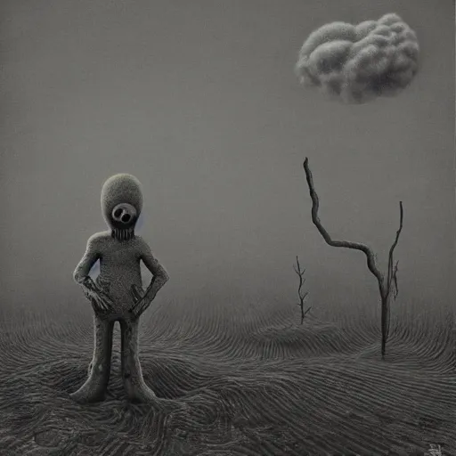 Image similar to spongebob squarepants in style of zdzisław beksinski, standing in wasteland, horror art, creepy, desolate