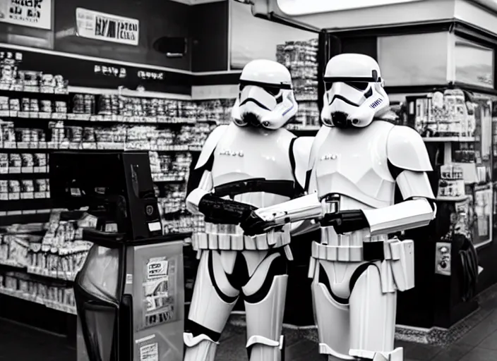 Prompt: film still of a storm trooper holding a cup of coffee in a convenience store working as a clerk in a convenience store checking out a storm trooper in the new Star Wars movie, 4k, black and white