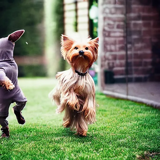 Image similar to a young yorkie dog, playing in the back yard after it rained on a cloudy day, and a kid running around with them, realistic photo