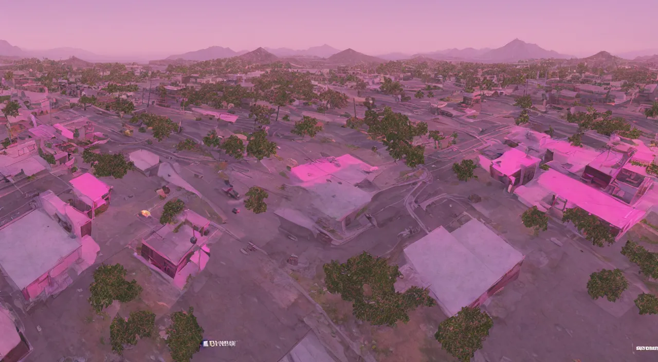 Prompt: hdr map of gta san andreas evening, pink sky, photorealistic, hyper detailed, hyper realistic, houdini, vfx, unreal engine 4, octane render, 8 k