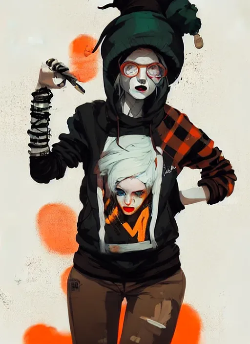 Image similar to highly detailed portrait of a sewer punk lady student, tartan hoodie, white hair by atey ghailan, by greg rutkowski, by greg tocchini, by james gilleard, by joe fenton, by kaethe butcher, gradient, orange, black, brown and cream color scheme, grunge aesthetic!!! white graffiti tag wall background