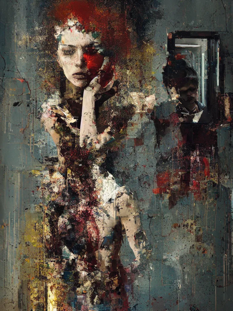 Prompt: a beautiful painting by robert proch and christian hook of a woman in front of a mirror in a glitched bathroom, metal rust and plaster materials, pixel sorting, color bleeding, brushstrokes by jeremy mann