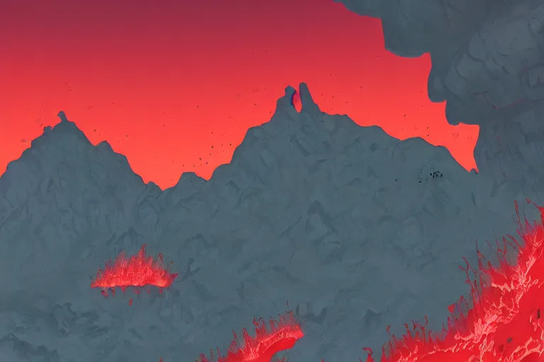 Prompt: red themed lava mountain landscape, miyazaki, cinematic, die hard, marvel, disney, indie, highly detailed, featured on artstation, highly detailed, epic