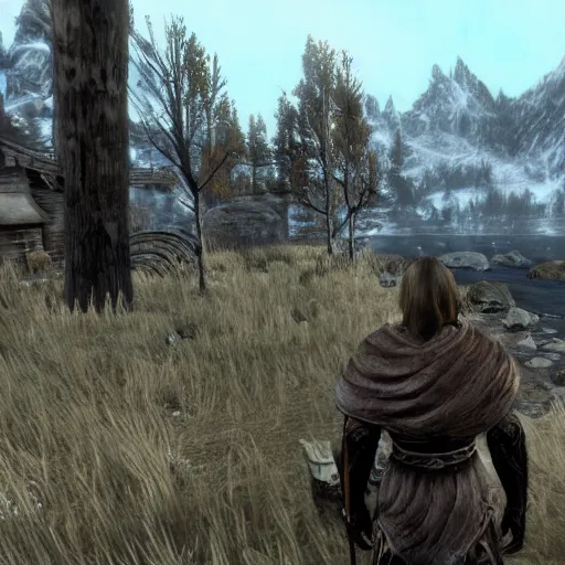 Image similar to saul goodman visits whiterun skyrim, highly detailed, realistic