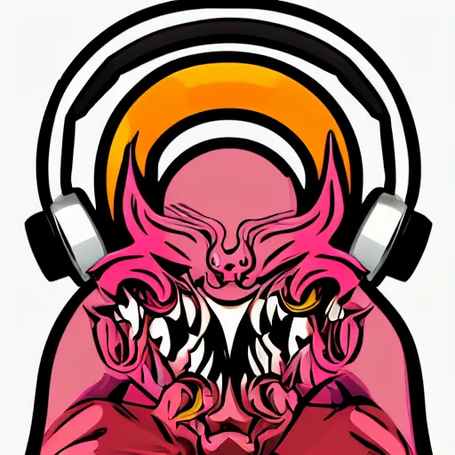 Image similar to svg vector sticker of, demon painting, rocking out, wearing headphones, huge speakers, dancing, rave, DJ, spinning records, digital art, amazing composition, rule-of-thirds, award-winning, trending on artstation, featured on deviantart