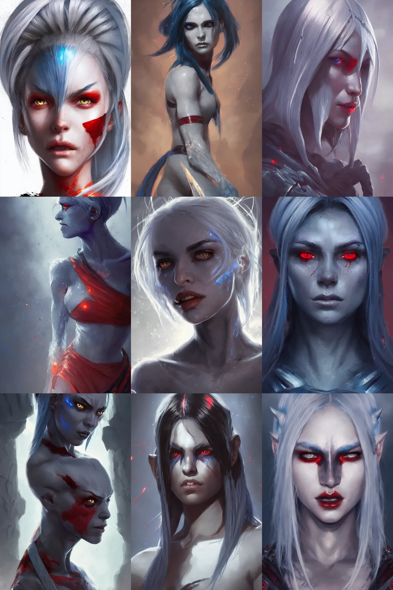 Prompt: color portrait of an attractive dark elf female (sharp features blue-gray skin with silver hair and red eyes), Greg rutkowski, Trending artstation, cinematográfica, digital Art