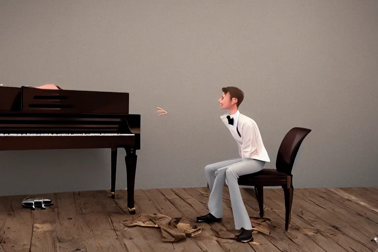 Image similar to a giant ant sitting on a piano bench wearing a bow tie and playing the piano, unreal engine, photorealistic digital art