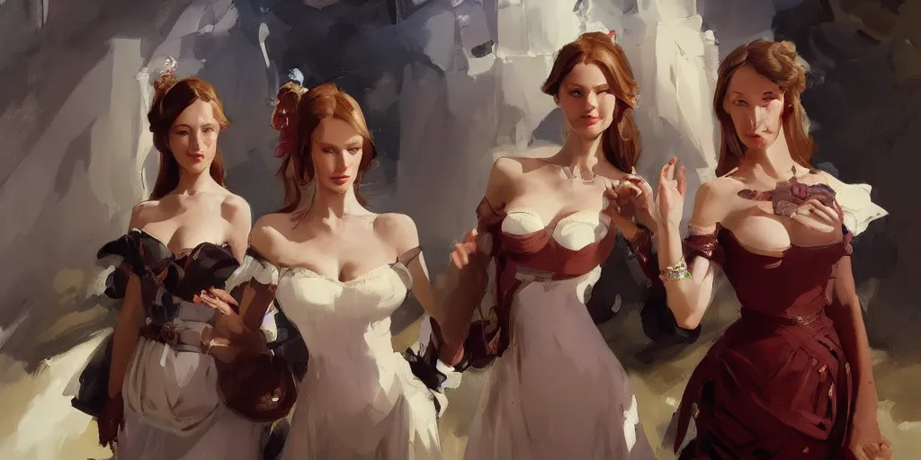 Prompt: portrait of two beautiful gorgeous captivating latvian belarusian finnish norwegian swedish glamour models as village maidens waving wearing 1 7 th century off the shoulder bodice in dark dungeon, jodhpurs greg manchess painting by sargent and leyendecker studio ghibli, medium shot asymmetrical intricate elegant illustration hearthstone, by greg rutkowski by greg tocchini by craig mullins