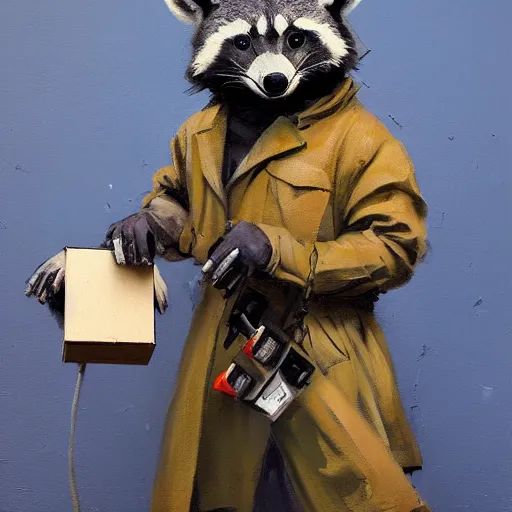 Image similar to greg manchess painting of a trash panda character, holding a box of cables and standing next to old electronic equiptment, medium shot, asymmetrical, profile picture, organic painting, night time, matte painting, bold shapes, hard edges, street art, trending on artstation, by huang guangjian and gil elvgren and sachin teng