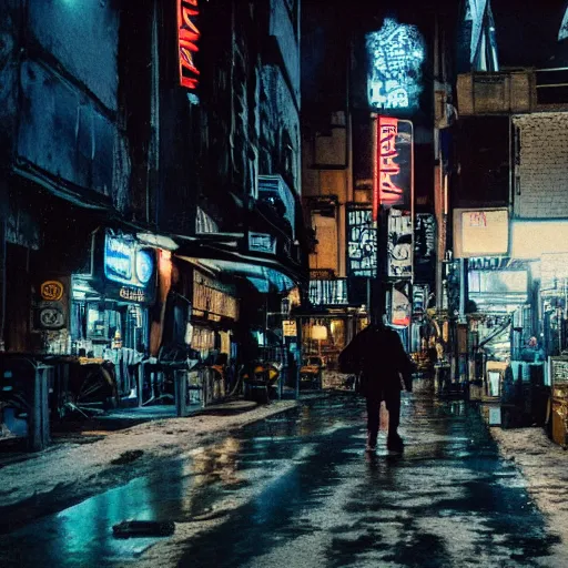 Image similar to jon snow walking on the sidewalk in a cyberpunk city late at night, wide - angle, photographed on colour expired film, detailed photograph