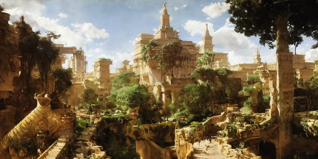 Image similar to beautiful landscape oil matte painting, of bustling empire hanging gardens of babylon, art by anders zorn, wonderful masterpiece highly detailed, beautiful cinematic light deep focus, elegant, digital painting, smooth, sharp focus, golden ratio, dramatic illumination, ultra realistic, 8 k, art by artemisia lomi gentileschi and caravaggio