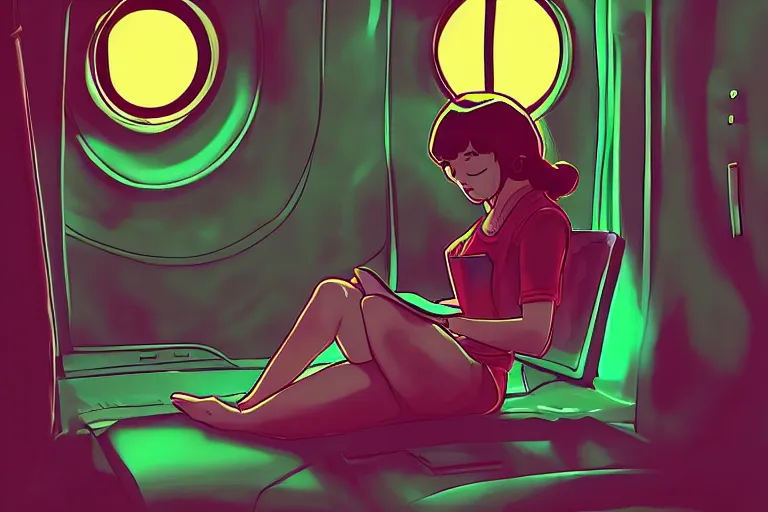 Image similar to a beautiful girl reading a book in space, lofi, anime, digital art, neon, synthwave,