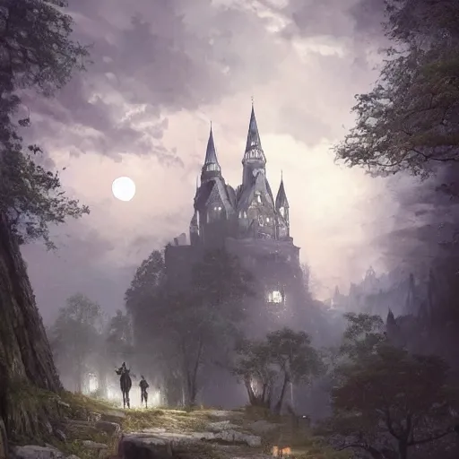 Image similar to a hidden village in the trees, victorian setting, dramatic light, castle background, clouds, moon, storm, night, high detail, fantasy background, painted by greg rutkowski, digital art, trending on artstation