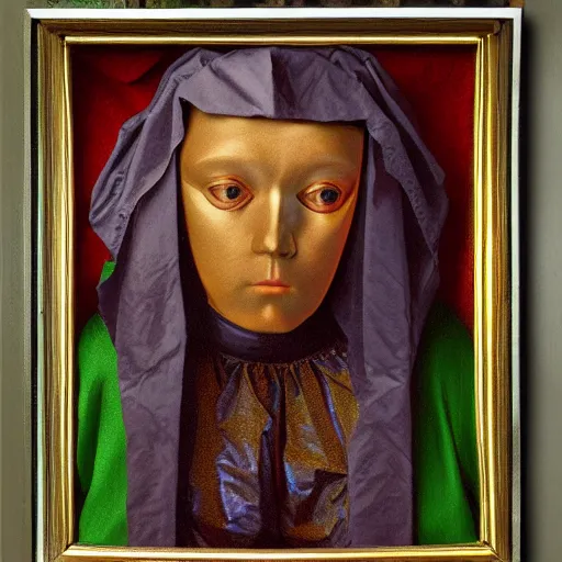 Image similar to a portrait of a shiny metallic renaissance robot, in the style of Jan van Eyck,
