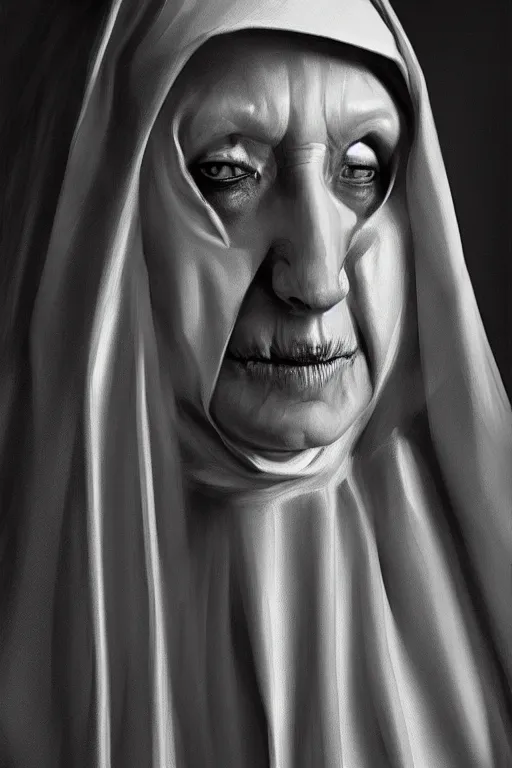 Image similar to portrait, digital painting, an evil nun, black habit, realistic, hyperdetailed, spooky, chiaroscuro, black background, concept art, art by jacek malczewski