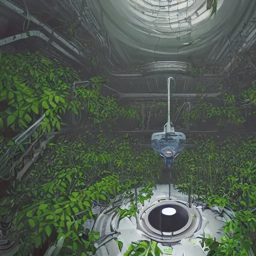 Prompt: GLaDOS in the center of a huge hall overgrown with vines and plants of the complex, old computers, a suspension of dust in the air, rays of light through the ceiling, realism, art,