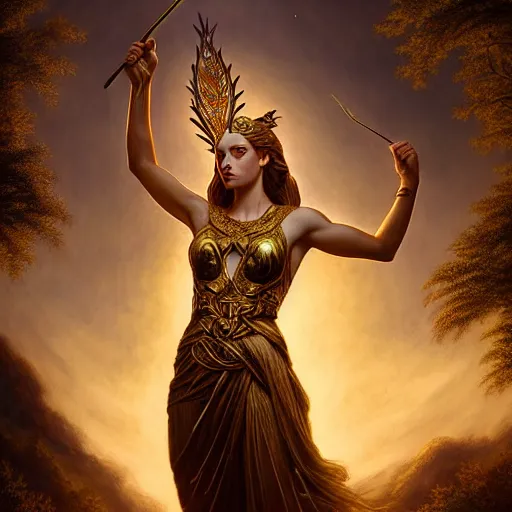 Image similar to majestic gracious regal deity artemis portrait, ancient greece, goddess of the hunt, the wilderness setting, atmospheric lighting, painted, intricate, volumetric lighting, beautiful, rich deep colours masterpiece, golden hour, sharp focus, ultra detailed, by leesha hannigan, ross tran, thierry doizon, kai carpenter, ignacio fernandez rios