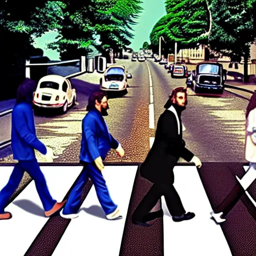 Prompt: 4 men walking on crosswalk on abbey road, city, digital art, 8 k.