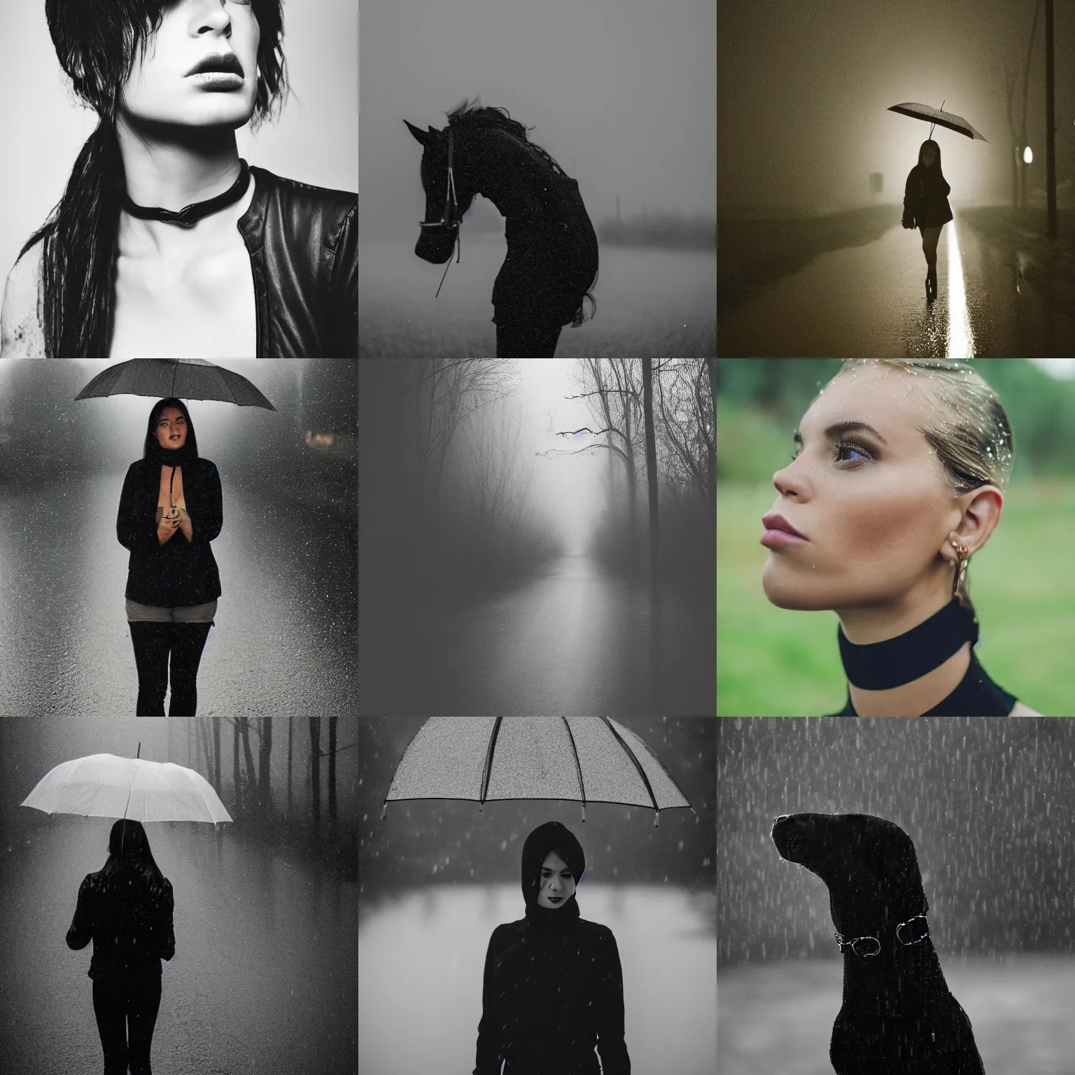 Prompt: straight neck, black choker, rain, high iso