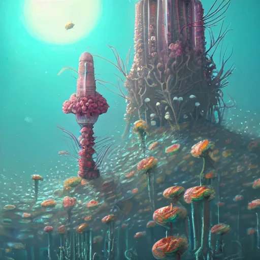 Prompt: beautiful painting of underwater corals as broadcast towers and flowers in white alien monuments in the style of Simon Stålenhag and H. R. Giger, detailed, trending on Artstation