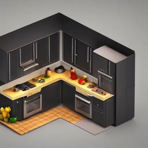 Prompt: isometric mini chubby kitchen, c 4 d style, 1 0 0 mm, depth of field, octane render, studio lighting