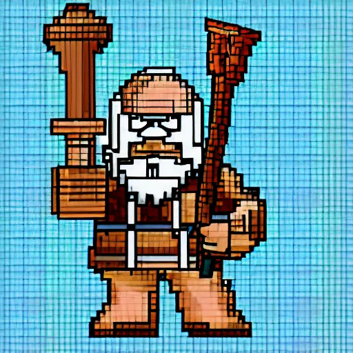 Prompt: dwarf knight holding a pickaxe, pixelart, 2D character design