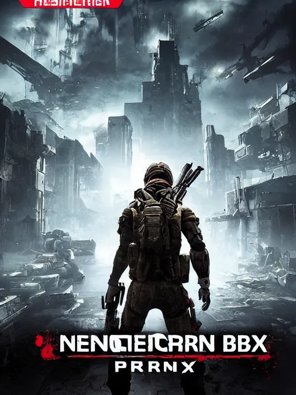 Prompt: generic grimdark first person shooter video game box art