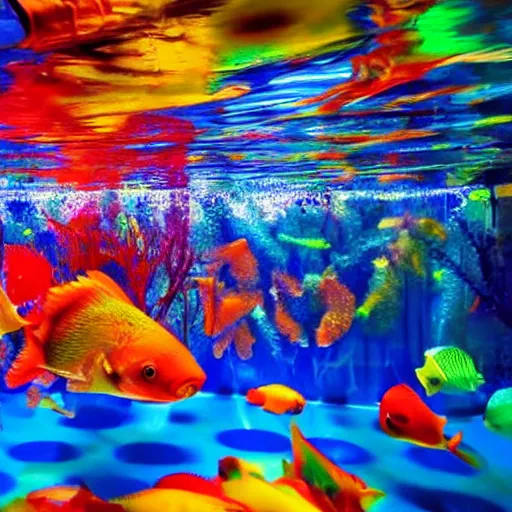 Prompt: Colorful paint pouring into water of an empty aquarium, hyper realistic, back lit, 1000 FPS