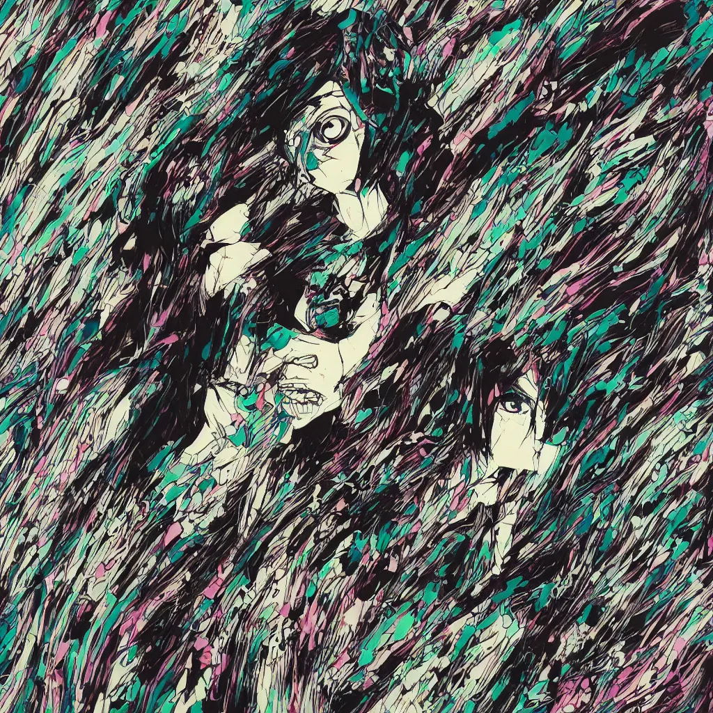 Image similar to girl figure, abstract, jet set radio artwork, ryuta ueda artwork, cryptic, rips, spots, asymmetry, stipple, lines, glitches, color tearing, pitch bending, stripes, dark, ominous, eerie, hearts, minimal, points, otomo katsuhiro artwork, technical, natsumi mukai artwrok, folds