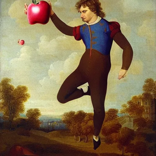 Prompt: newton makes a parachute jump with an apple next to him in the air