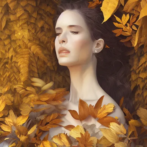 Prompt: a highly detailed digital image of an elegant figure surrounded and engulfed in leaves, matte background, artstation, detailed woman, stunning volumetric lighting, elegant, fantasy, 4k