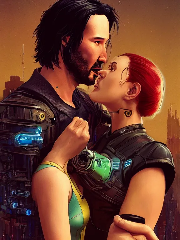 Image similar to a cyberpunk 2077 couple portrait of Keanu Reeves&female android in final kiss,love,film lighting,by Laurie Greasley,Lawrence Alma-Tadema,Dan Mumford,artstation,deviantart,FAN ART,full of color,Digital painting,face enhance,highly detailed,8K,octane,golden ratio,cinematic lighting