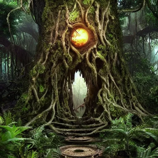 Prompt: horrific portal to another world embedded in a terrifying tree in a densely overgrown jungle, fantasy, dreamlike sunraise, ultra realistic, atmospheric, stopped in time, epic