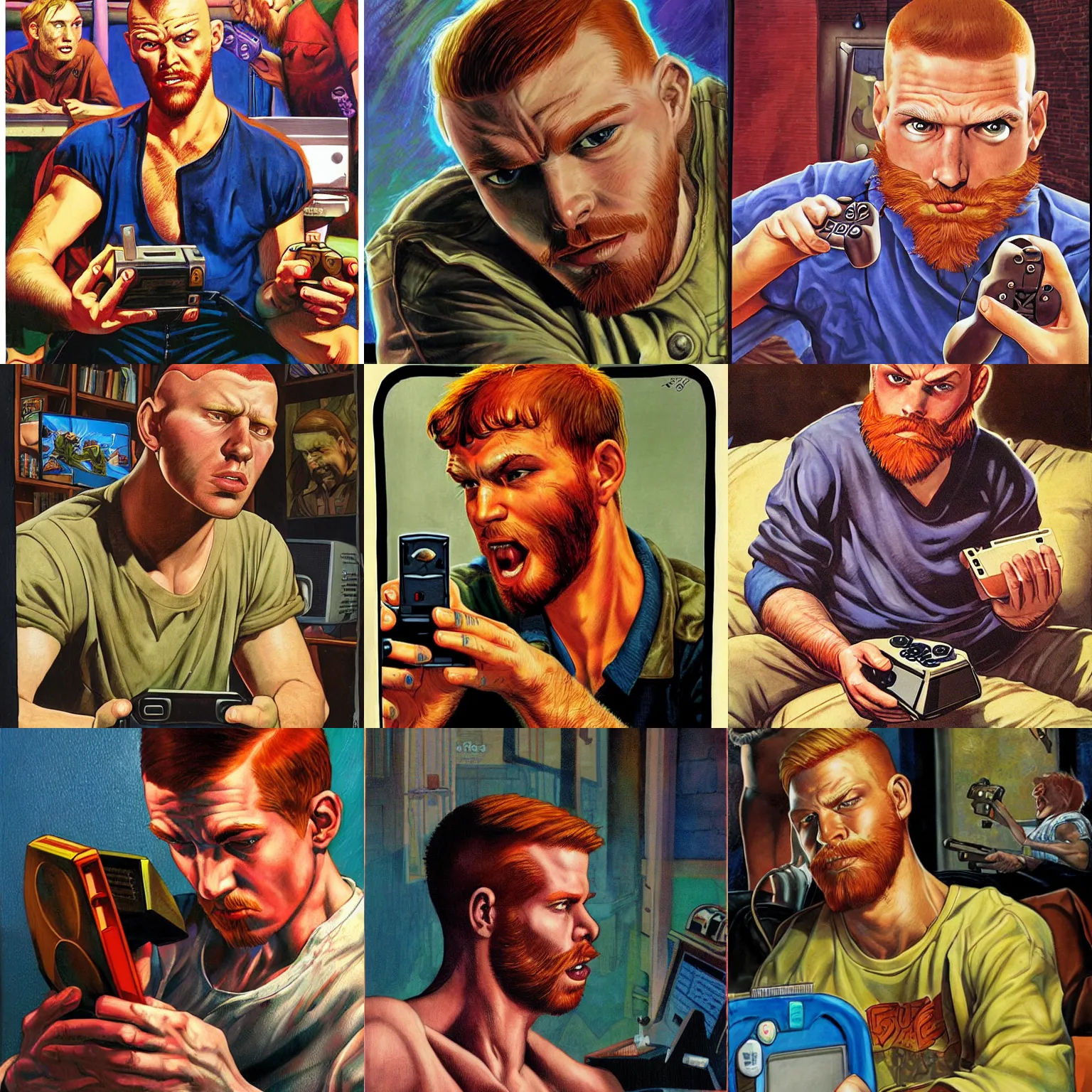 Prompt: Scruffy ginger boy with shaved head, plays videogames, by Joe Jusko, Dramatic aRt,