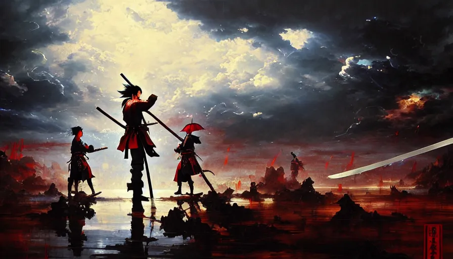 Image similar to baroque oil painting of key visual great samurai war, rain, storm, final fantasy, fake detail, trending pixiv fanbox, acrylic palette knife, style of makoto shinkai takashi takeuchi yoshiyuki sadamoto greg rutkowski chiho aoshima