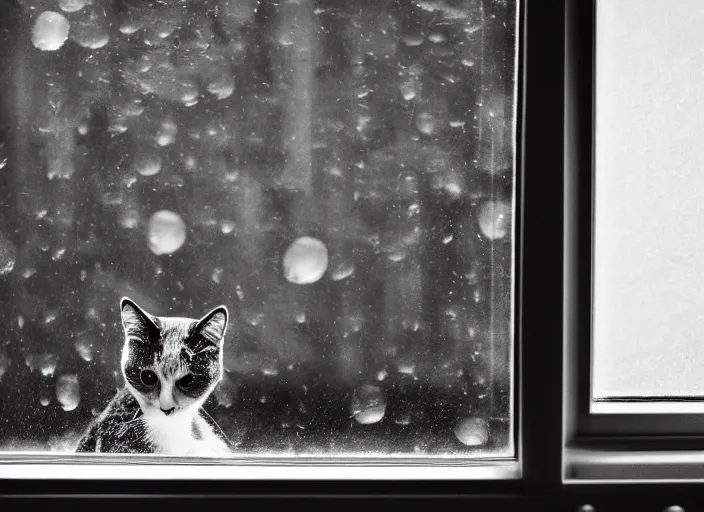 Image similar to photography of a Cat . watching outside the window while it rains. on a bed. in a 70's room full of vinyls and posters, photorealistic, raining award winning photo, 100mm, sharp, high res