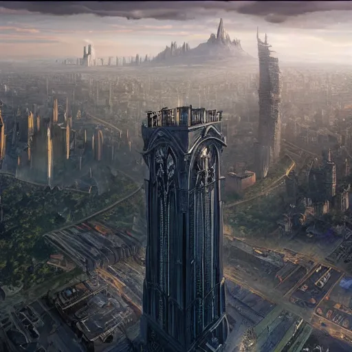 Image similar to an ultra detailed matte painting of the one impossibly tall ominous dark tower elevated high above the city, on an island in a river elevated high above the city fortress tower, fantasy capital city, ultrawide lense, aerial photography, volumetric lighting, exquisite detail, octane render, 8 k postprocessing, art by artgerm and greg rutkowski and alphonse mucha