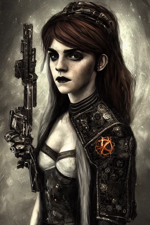 Image similar to portrait of beautiful gothic Emma Watson, cyberpunk, Warhammer, highly detailed, artstation, illustration, art by Gustav Klimt