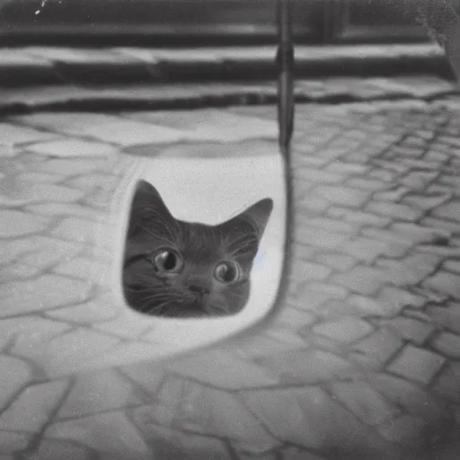 Prompt: wide-shot very low-angle eyesight first-person reflection of a cat's face in the puddle at the street, polaroid photo, by Andy Warhol, signed