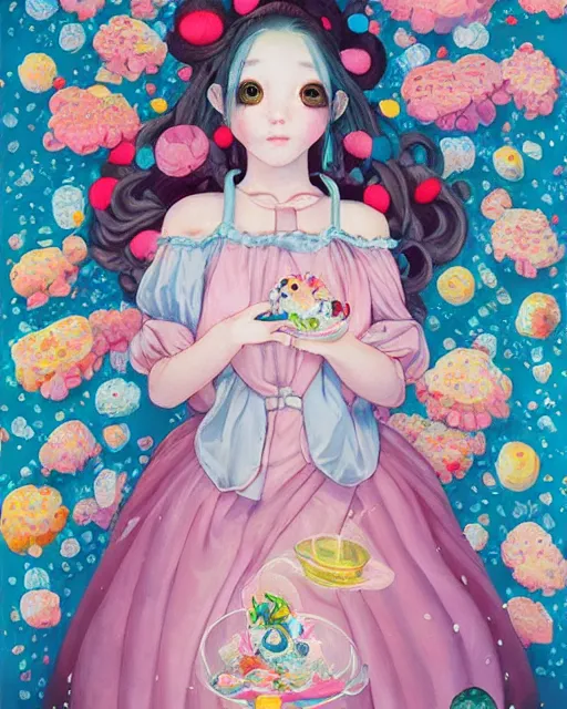 Image similar to a painting of a girl with a castle in her hands, poster art by Hikari Shimoda, featured on pixiv, pop surrealism, whimsical, rococo, maximalist