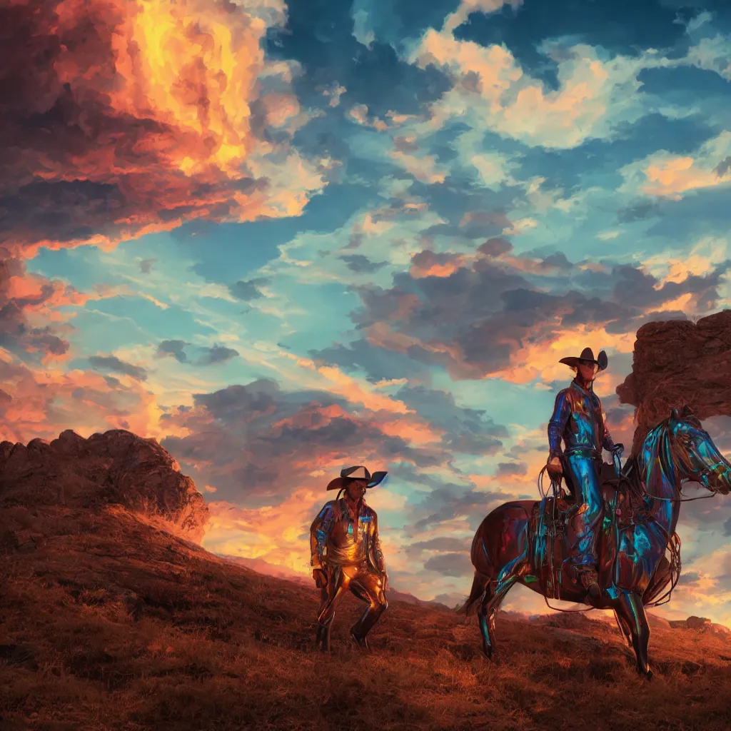 Prompt: octane render by laurie greasley and asher brown durand and jason edmiston, a cowboy wearing a full - body iridescent suit and cowboy hat inside a scenic western landscape with colorful clouds, cinema 4 d, 8 k, volumetric lighting and shadows