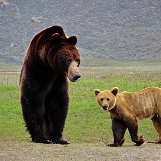 Image similar to a bear standing next to a lion