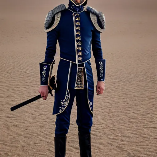 Image similar to medium shot of adult Austin Butler dressed in futuristic-baroque prussian blue duelist-garb with Griffin-Ram embroidery emblem, and nanocarbon-vest and greaves, standing in an arena in Dune 2020, XF IQ4, f/1.4, ISO 200, 1/160s, 8K, RAW, unedited, symmetrical balance, face in-frame