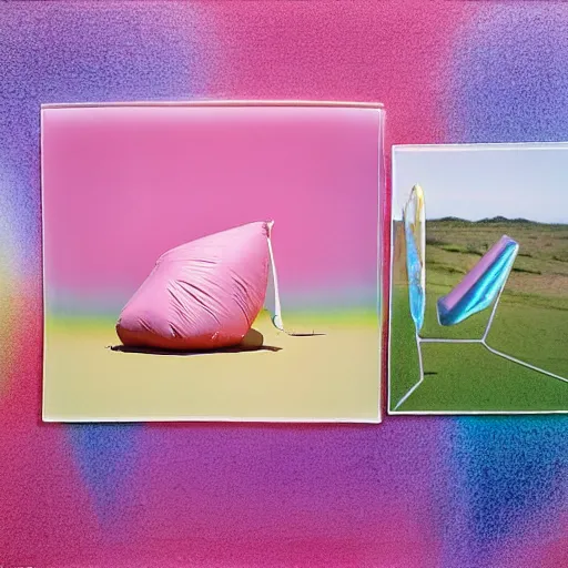 Image similar to a pastel colour high fidelity Polaroid art photo from a holiday album at a pink desert with abstract inflatable parachute furniture, all objects made of transparent iridescent Perspex and metallic silver, no people, iridescence, nostalgic