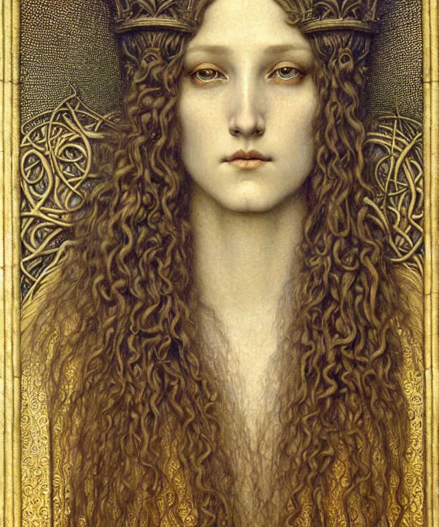 Image similar to detailed realistic beautiful young medieval queen face portrait by jean delville, gustave dore and marco mazzoni, art nouveau, symbolist, visionary, gothic, pre - raphaelite. horizontal symmetry