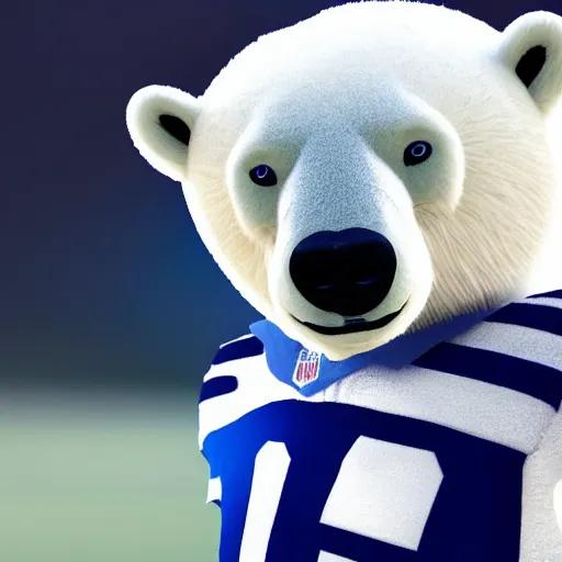 Image similar to A polar bear wearing a colts jersey. 4k, cinematic, high resolution, realistic
