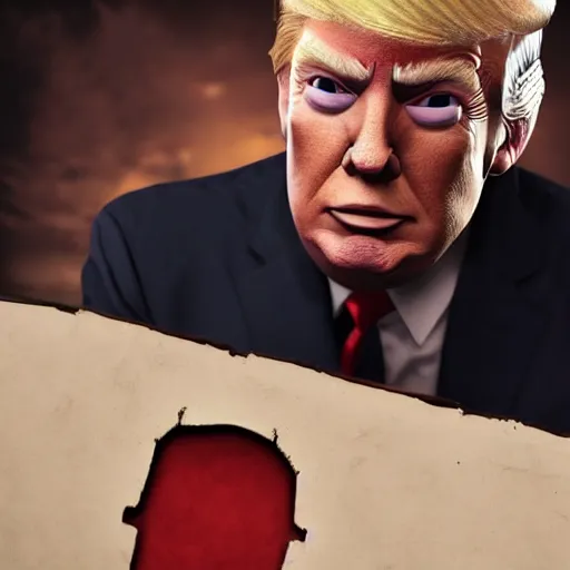 Prompt: Donald Trump with Jigsaw from Saw body, realistic artstyle, wide shot, dramatic lighting, octane render, hyperrealistic, high quality, highly detailed, HD, beautiful, cinematic, 8k, unreal engine, facial accuracy, symmetrical